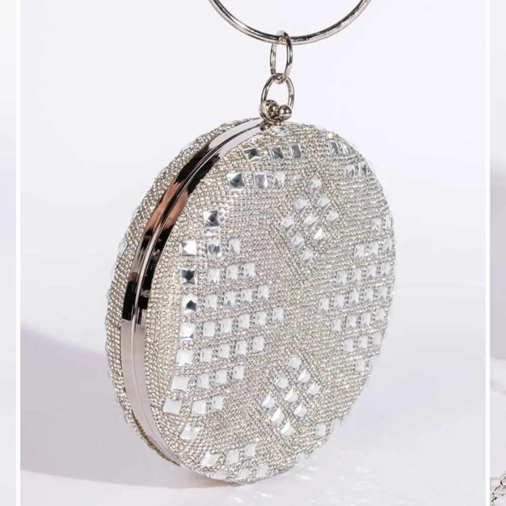 AKIRA Silver Light Me Up Rhinestone Round Circle Crystal Clutch Evening Bag NWT